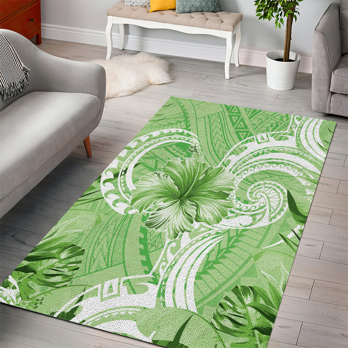 Polynesian Hibiscus Flower Tribal Area Rug Lime Green Color