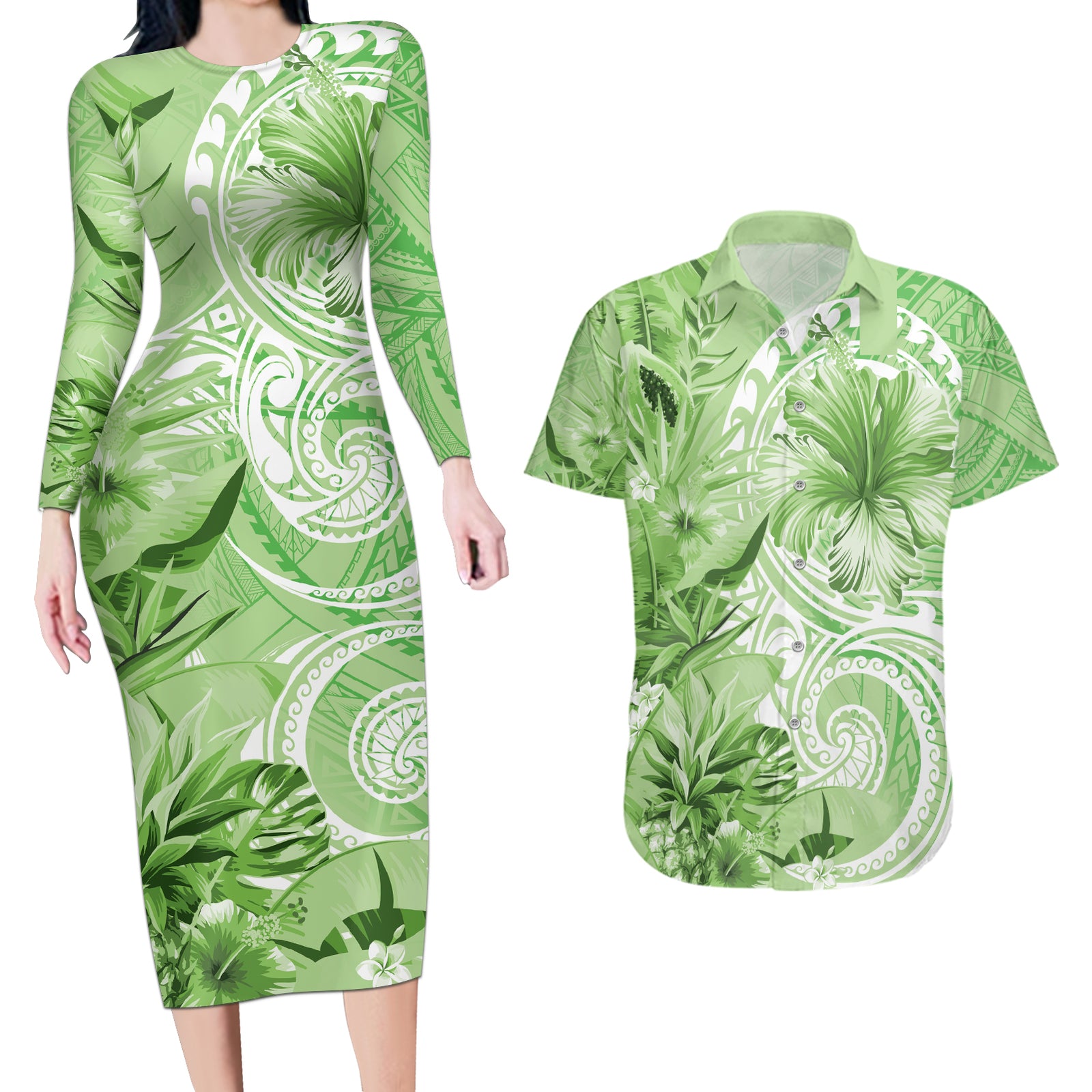Polynesian Hibiscus Flower Tribal Couples Matching Long Sleeve Bodycon Dress and Hawaiian Shirt Lime Green Color LT9 Lime Green - Polynesian Pride