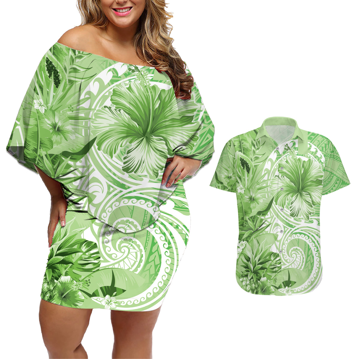 Polynesian Hibiscus Flower Tribal Couples Matching Off Shoulder Short Dress and Hawaiian Shirt Lime Green Color