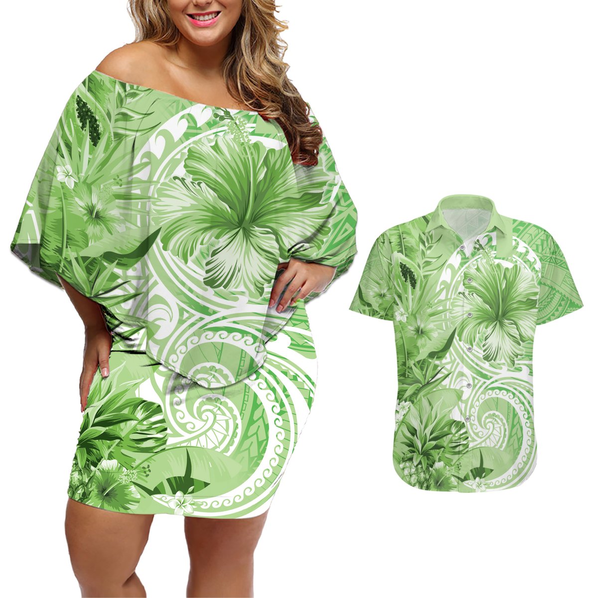 Polynesian Hibiscus Flower Tribal Couples Matching Off Shoulder Short Dress and Hawaiian Shirt Lime Green Color LT9 Lime Green - Polynesian Pride