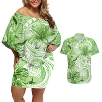 Polynesian Hibiscus Flower Tribal Couples Matching Off Shoulder Short Dress and Hawaiian Shirt Lime Green Color