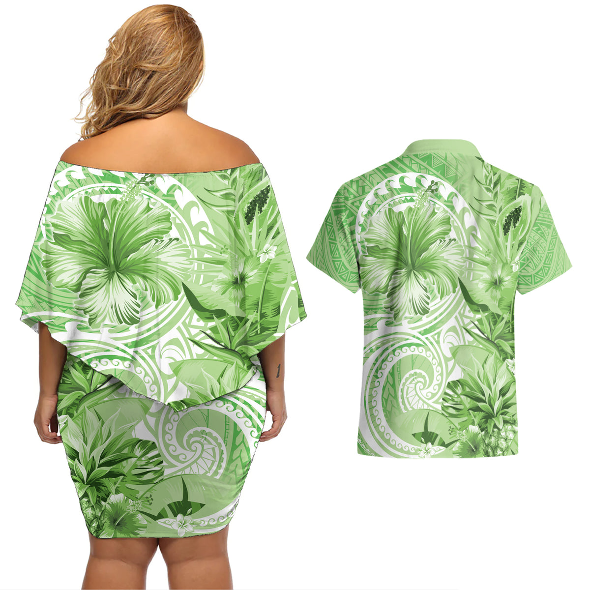 Polynesian Hibiscus Flower Tribal Couples Matching Off Shoulder Short Dress and Hawaiian Shirt Lime Green Color