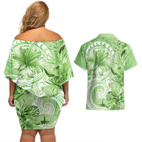 Polynesian Hibiscus Flower Tribal Couples Matching Off Shoulder Short Dress and Hawaiian Shirt Lime Green Color