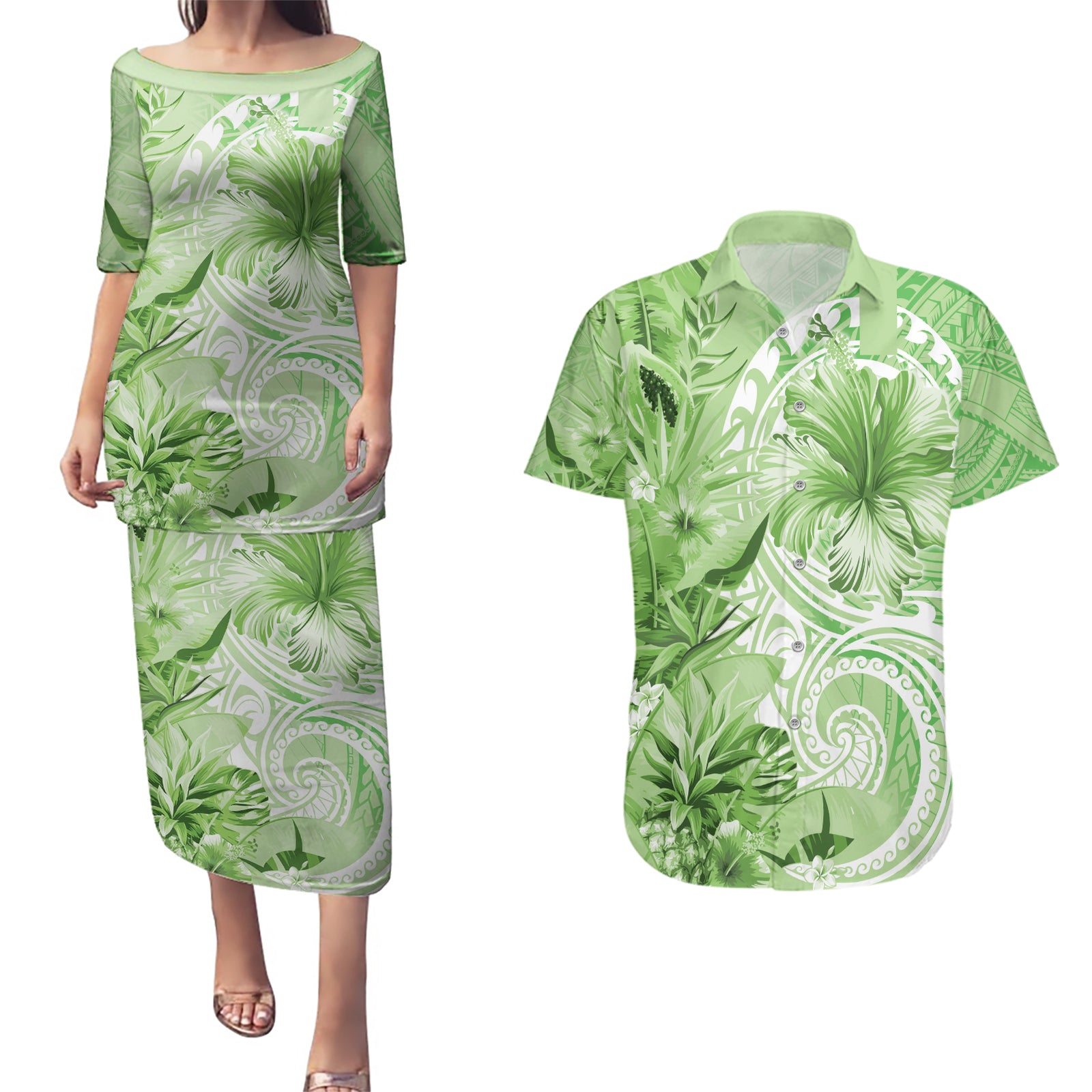Polynesian Hibiscus Flower Tribal Couples Matching Puletasi and Hawaiian Shirt Lime Green Color LT9 Lime Green - Polynesian Pride