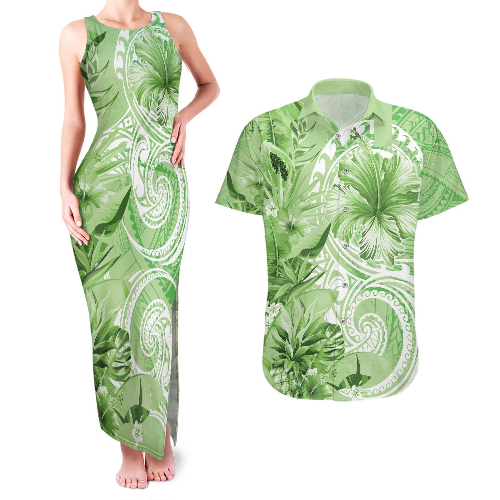 Polynesian Hibiscus Flower Tribal Couples Matching Tank Maxi Dress and Hawaiian Shirt Lime Green Color LT9 Lime Green - Polynesian Pride