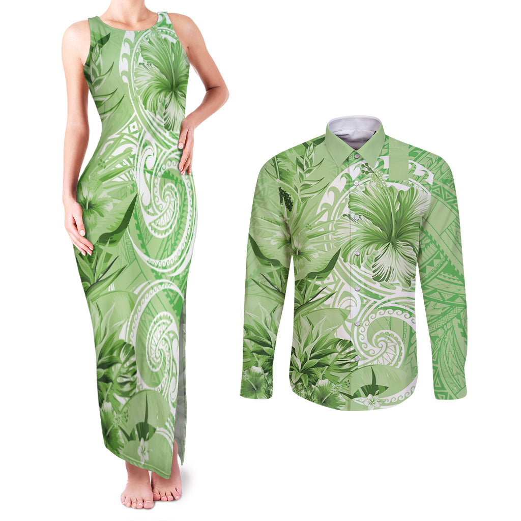 Polynesian Hibiscus Flower Tribal Couples Matching Tank Maxi Dress and Long Sleeve Button Shirt Lime Green Color