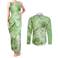 Polynesian Hibiscus Flower Tribal Couples Matching Tank Maxi Dress and Long Sleeve Button Shirt Lime Green Color