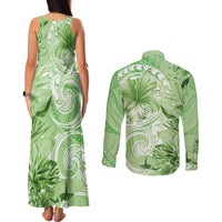 Polynesian Hibiscus Flower Tribal Couples Matching Tank Maxi Dress and Long Sleeve Button Shirt Lime Green Color