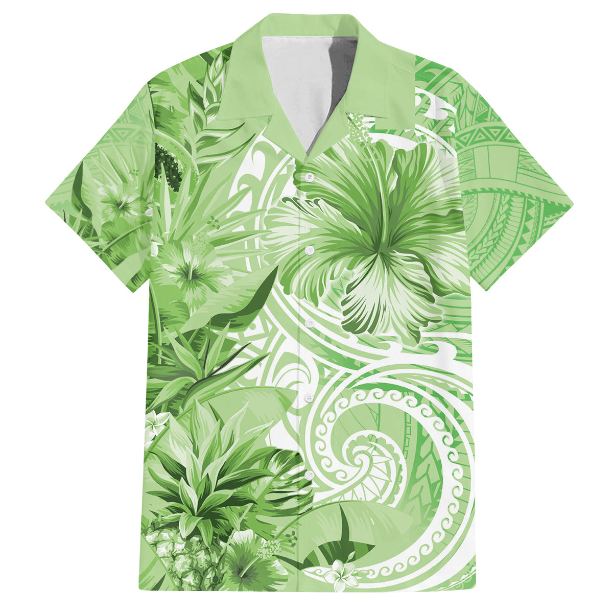 Polynesian Hibiscus Flower Tribal Family Matching Puletasi and Hawaiian Shirt Lime Green Color