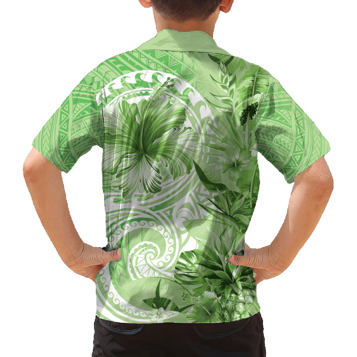 Polynesian Hibiscus Flower Tribal Family Matching Tank Maxi Dress and Hawaiian Shirt Lime Green Color LT9 - Polynesian Pride