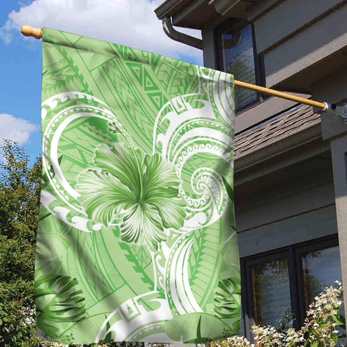 Polynesian Hibiscus Flower Tribal Garden Flag Lime Green Color