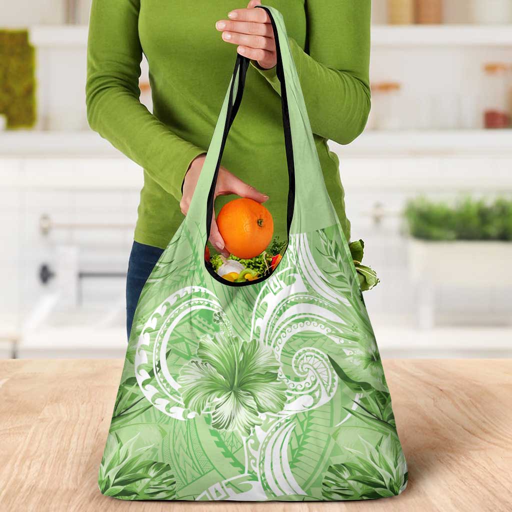Polynesian Hibiscus Flower Tribal Grocery Bag Lime Green Color