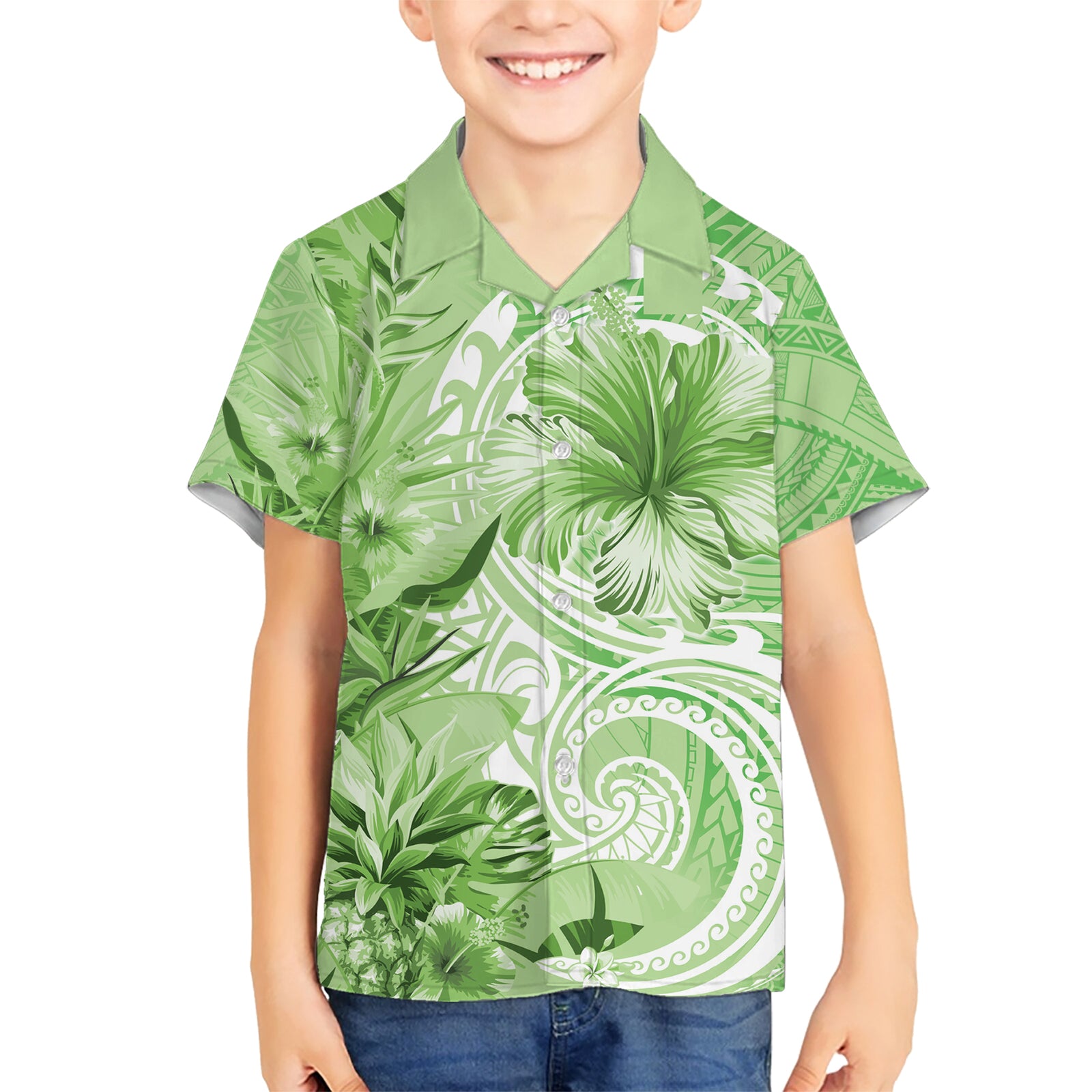 Polynesian Hibiscus Flower Tribal Kid Hawaiian Shirt Lime Green Color LT9 Kid Lime Green - Polynesian Pride