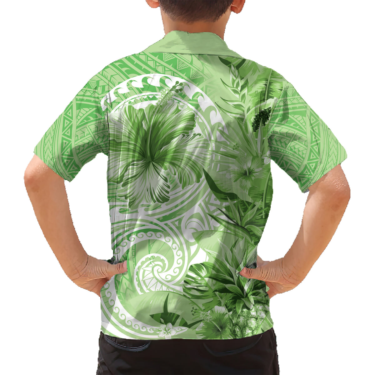 Polynesian Hibiscus Flower Tribal Kid Hawaiian Shirt Lime Green Color