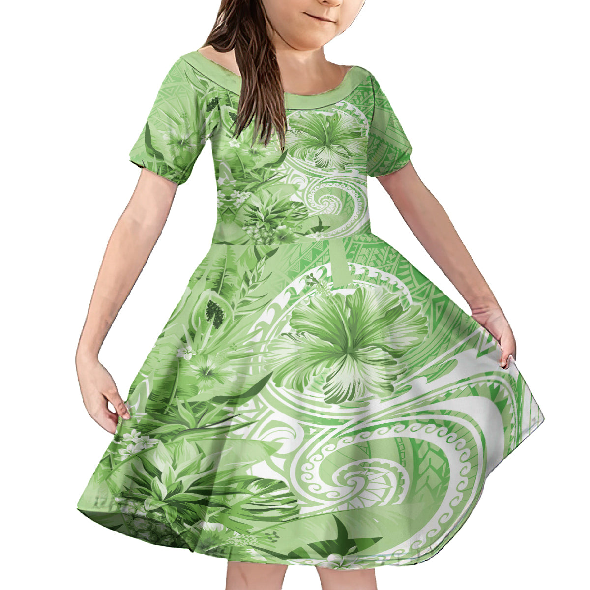 Polynesian Hibiscus Flower Tribal Kid Short Sleeve Dress Lime Green Color