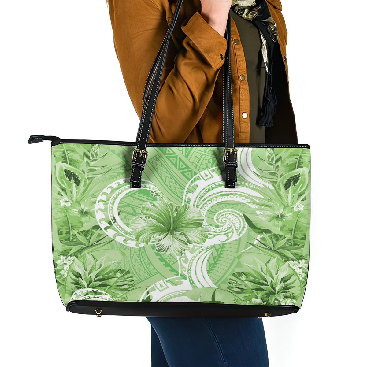 Polynesian Hibiscus Flower Tribal Leather Tote Bag Lime Green Color LT9 - Polynesian Pride