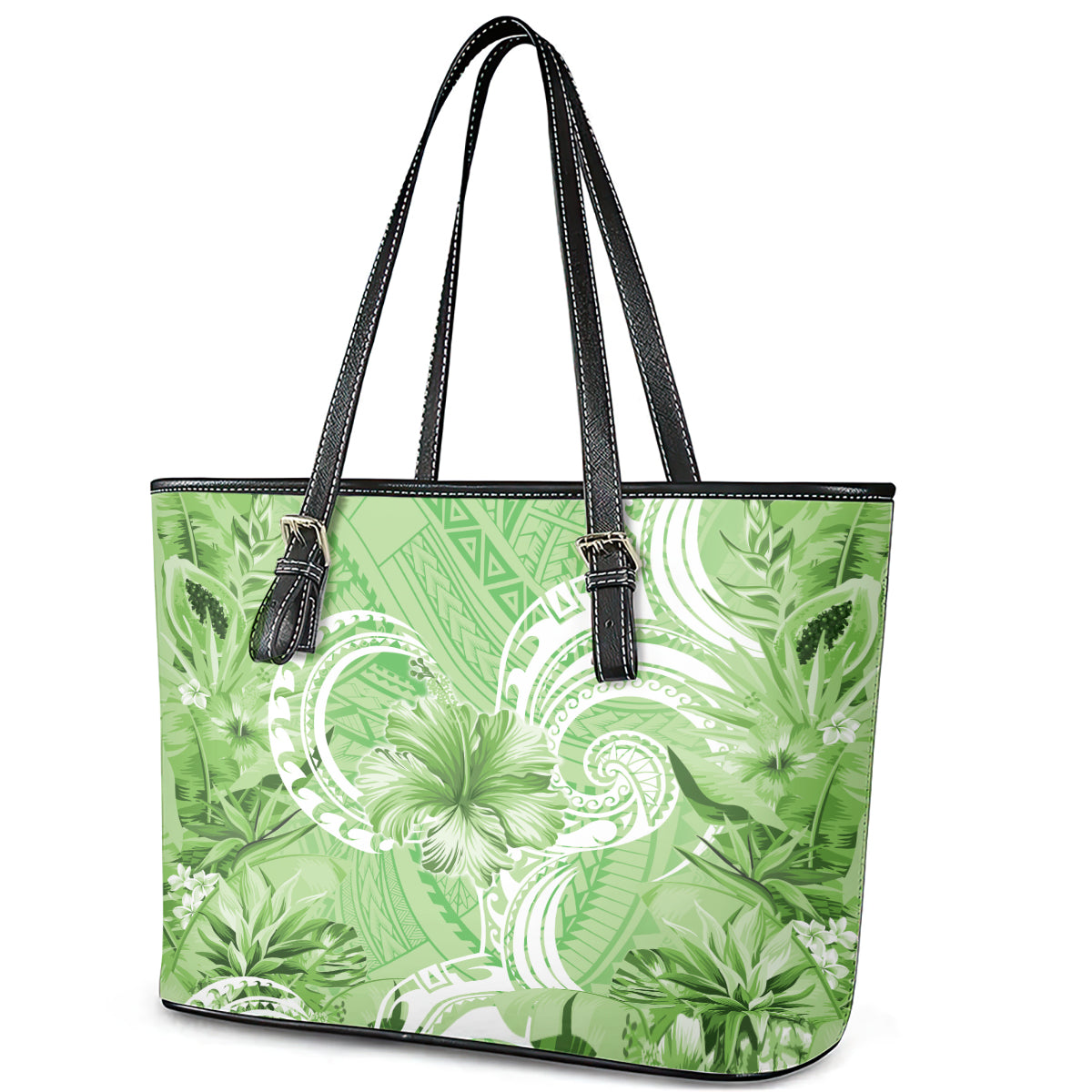 Polynesian Hibiscus Flower Tribal Leather Tote Bag Lime Green Color LT9 - Polynesian Pride