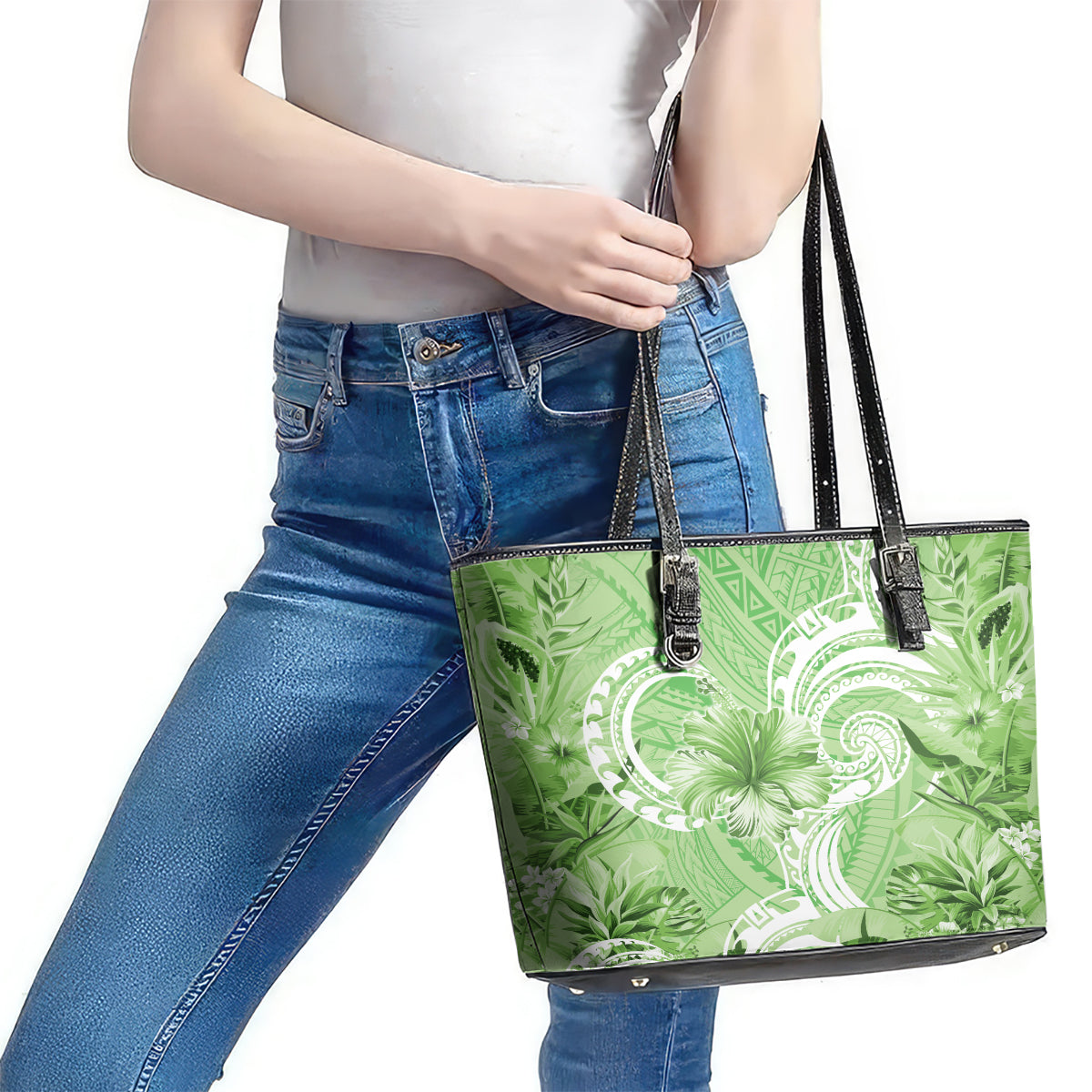 Polynesian Hibiscus Flower Tribal Leather Tote Bag Lime Green Color LT9 - Polynesian Pride