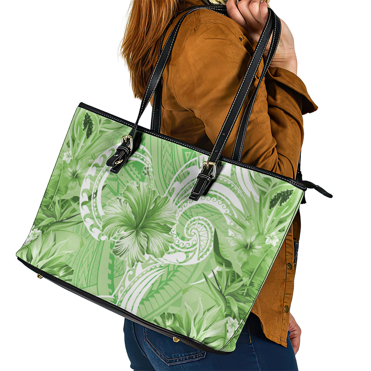 Polynesian Hibiscus Flower Tribal Leather Tote Bag Lime Green Color LT9 - Polynesian Pride