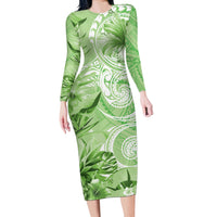 Polynesian Hibiscus Flower Tribal Long Sleeve Bodycon Dress Lime Green Color LT9 Long Dress Lime Green - Polynesian Pride
