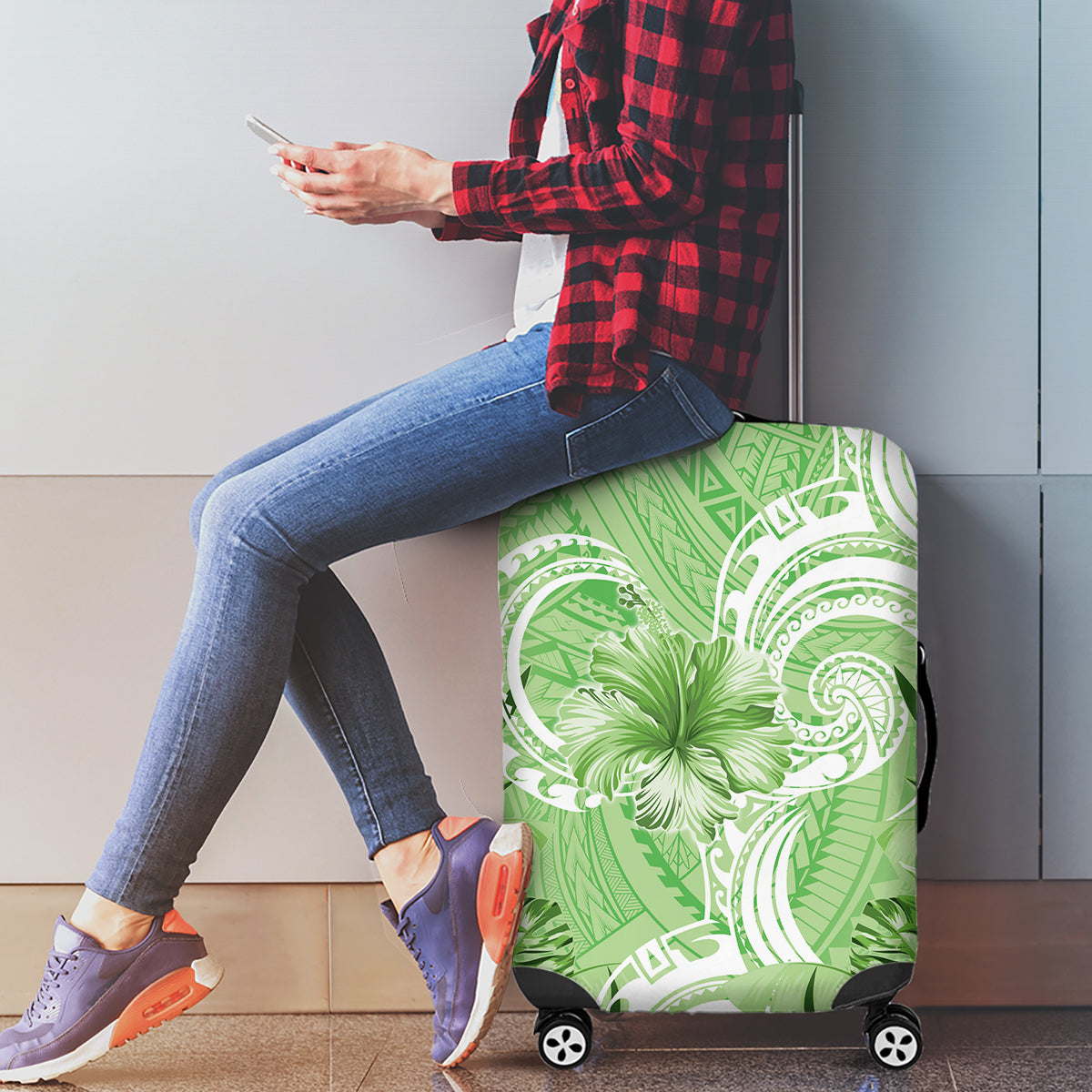 Polynesian Hibiscus Flower Tribal Luggage Cover Lime Green Color LT9 - Polynesian Pride