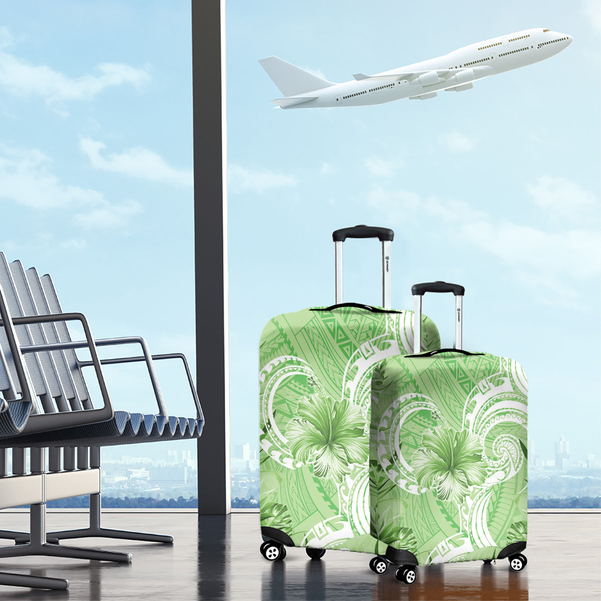 Polynesian Hibiscus Flower Tribal Luggage Cover Lime Green Color LT9 - Polynesian Pride