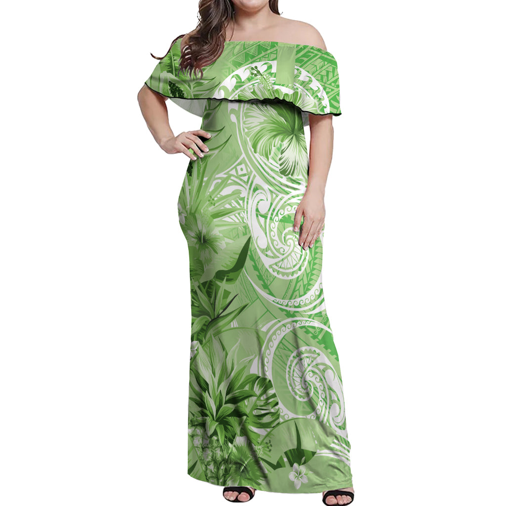 Polynesian Hibiscus Flower Tribal Off Shoulder Maxi Dress Lime Green C