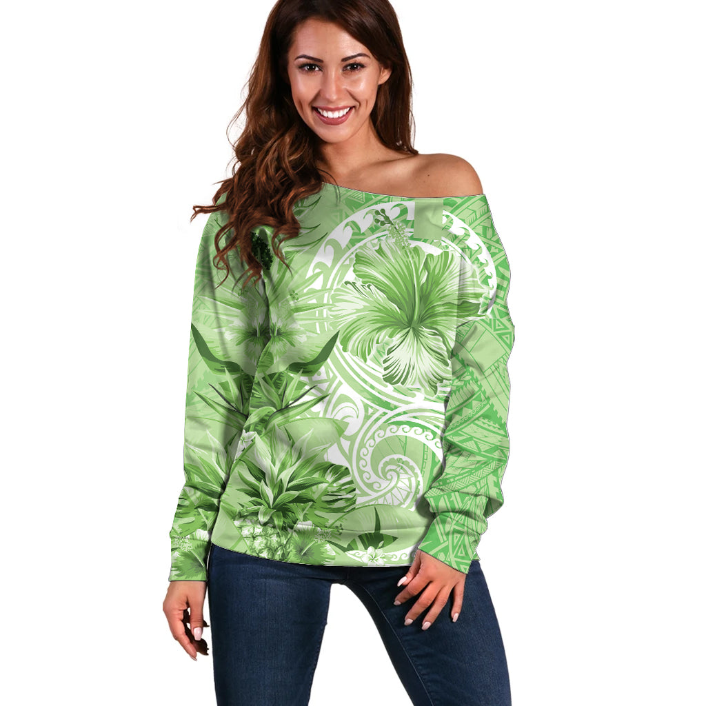 Polynesian Hibiscus Flower Tribal Off Shoulder Sweater Lime Green Color LT9 Women Lime Green - Polynesian Pride
