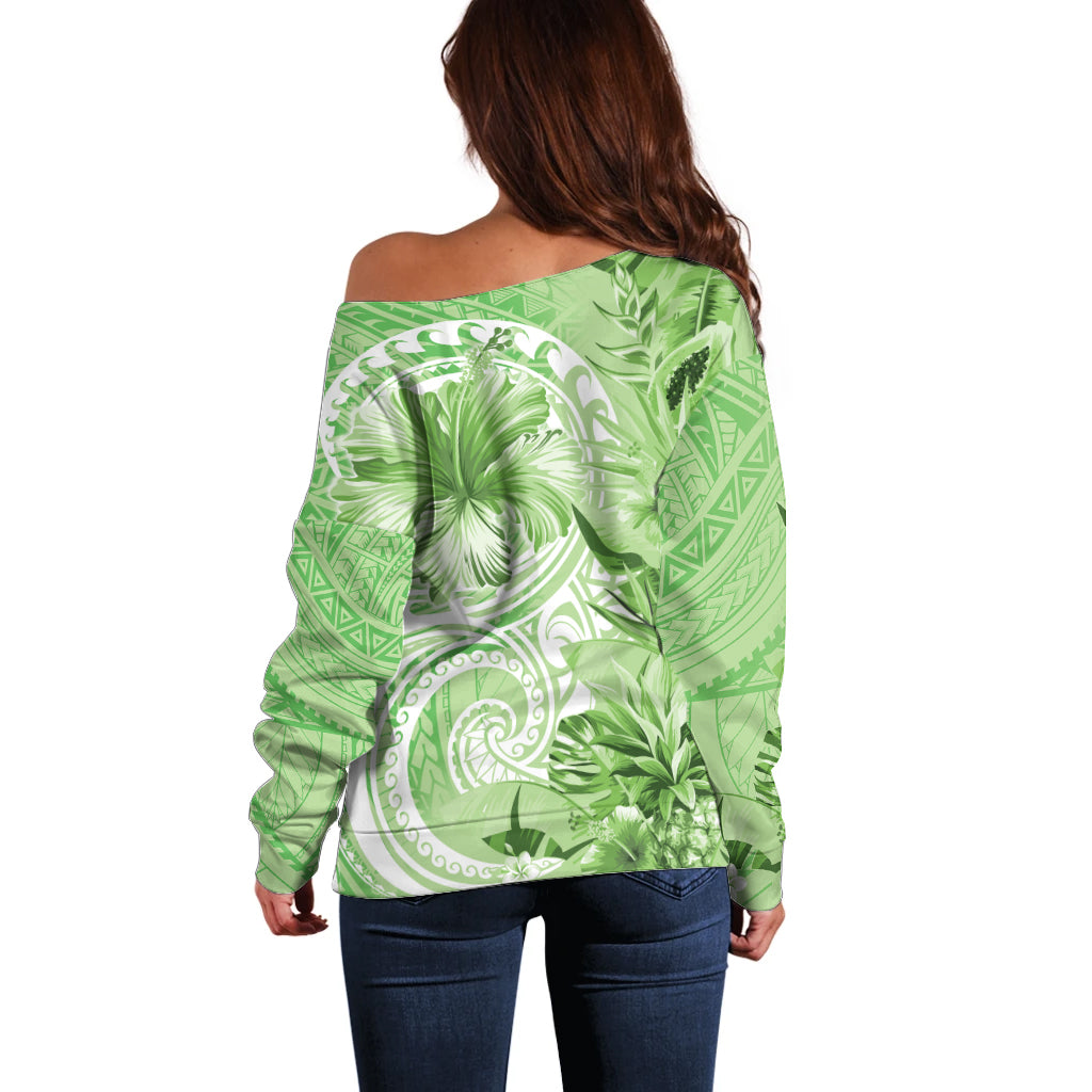 Polynesian Hibiscus Flower Tribal Off Shoulder Sweater Lime Green Color