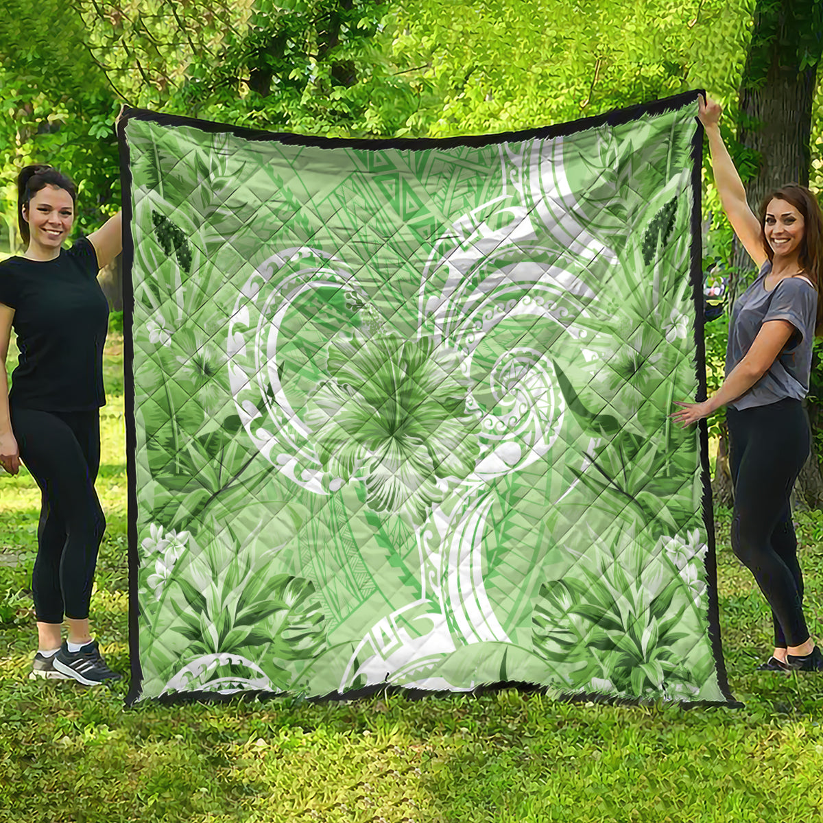 Polynesian Hibiscus Flower Tribal Quilt Lime Green Color