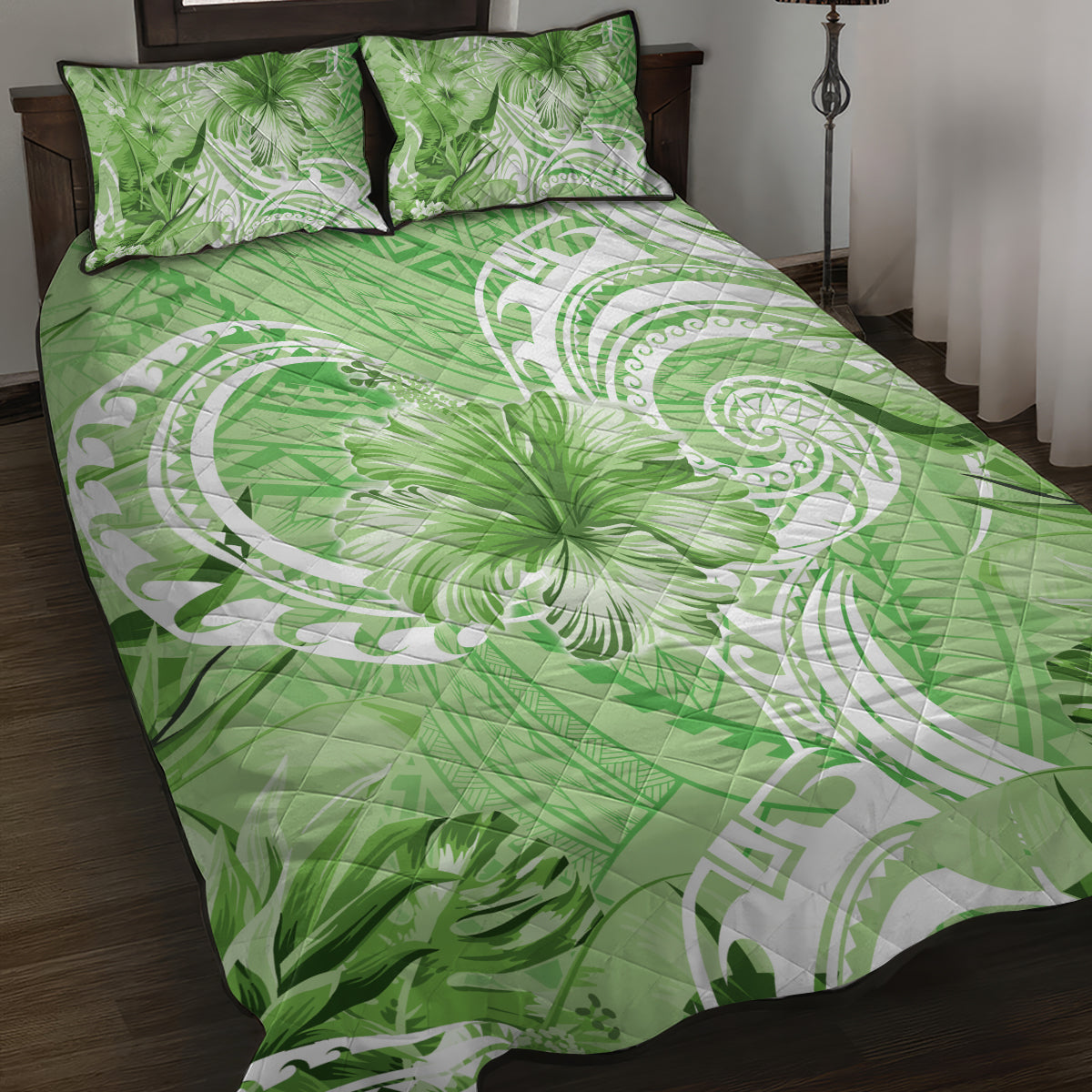 Polynesian Hibiscus Flower Tribal Quilt Bed Set Lime Green Color LT9 Lime Green - Polynesian Pride