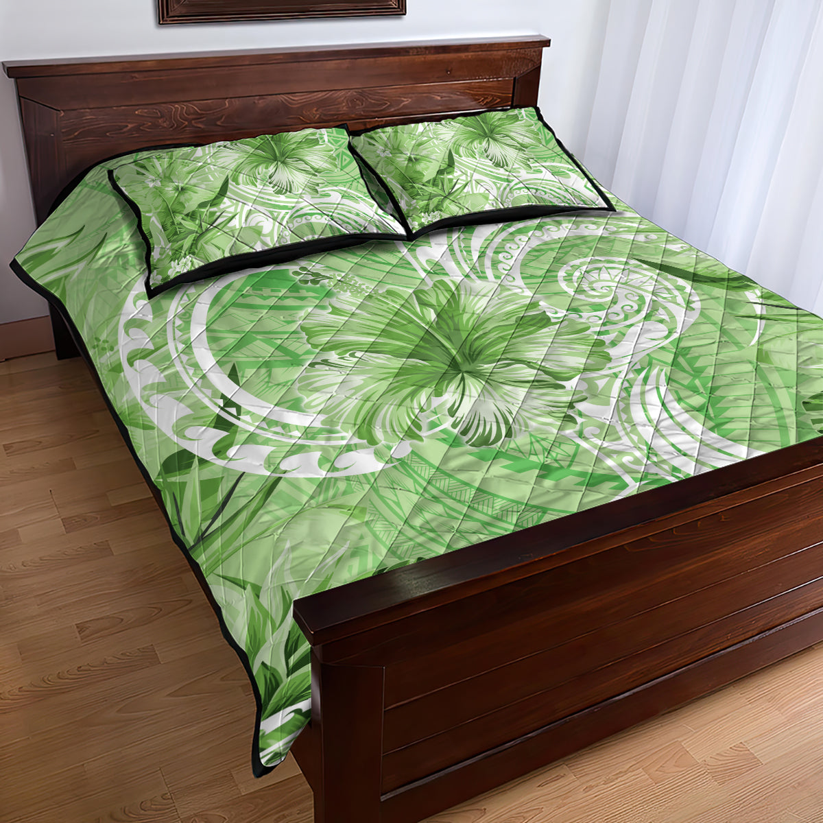 Polynesian Hibiscus Flower Tribal Quilt Bed Set Lime Green Color