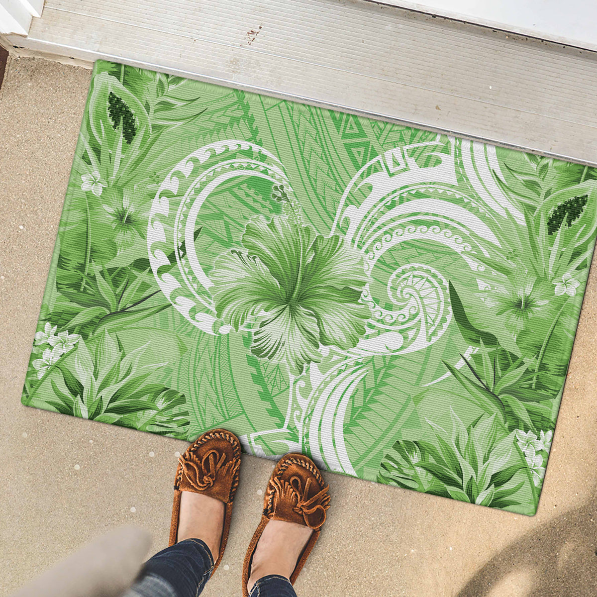 Polynesian Hibiscus Flower Tribal Rubber Doormat Lime Green Color LT9 - Polynesian Pride