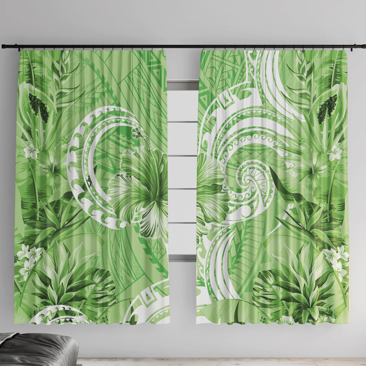 Polynesian Hibiscus Flower Tribal Window Curtain Lime Green Color LT9 With Hooks Lime Green - Polynesian Pride