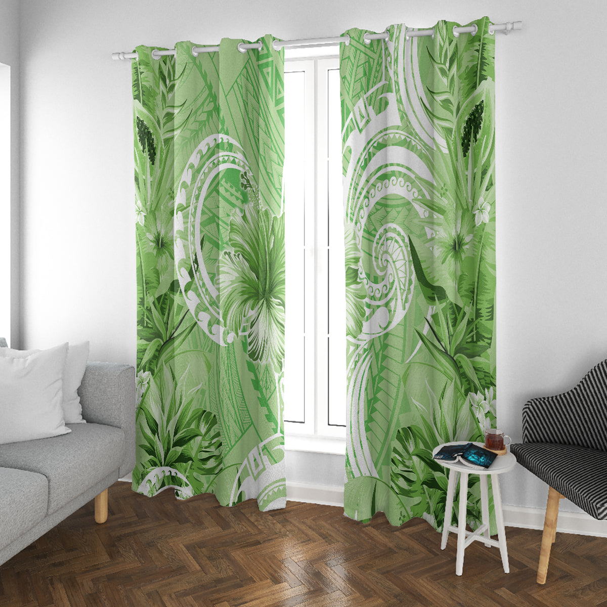 Polynesian Hibiscus Flower Tribal Window Curtain Lime Green Color LT9 With Grommets Lime Green - Polynesian Pride