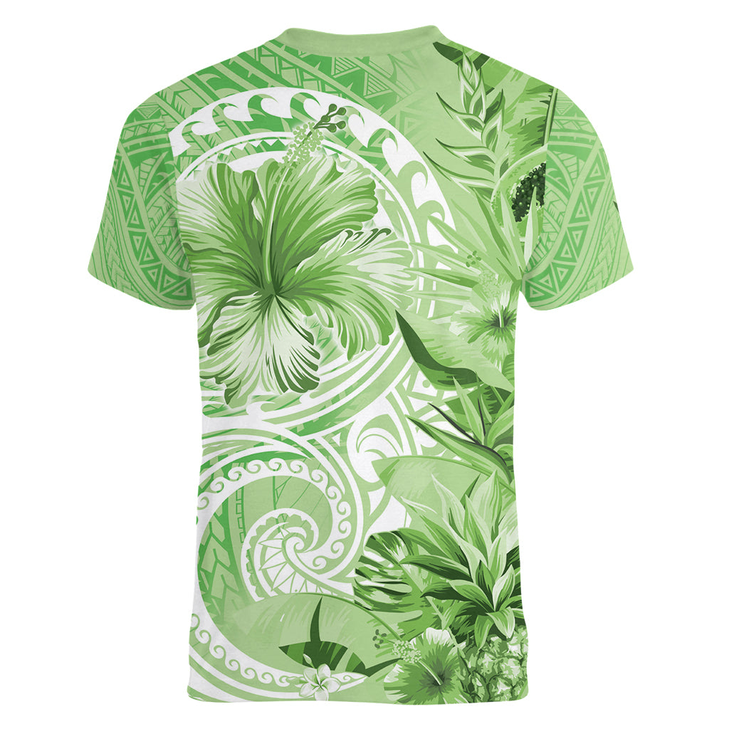 Polynesian Hibiscus Flower Tribal Women V Neck T Shirt Lime Green Color