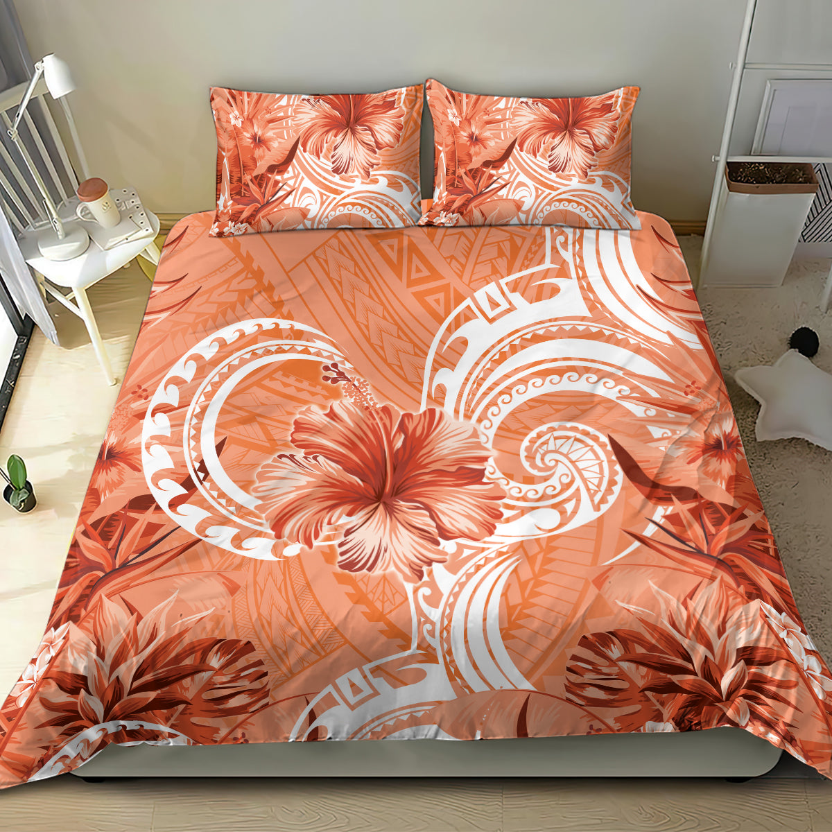 Polynesian Hibiscus Flower Tribal Bedding Set Peach Color