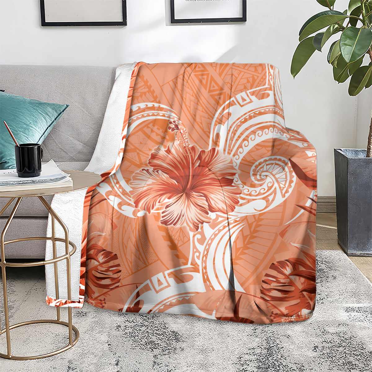 Polynesian Hibiscus Flower Tribal Blanket Peach Color
