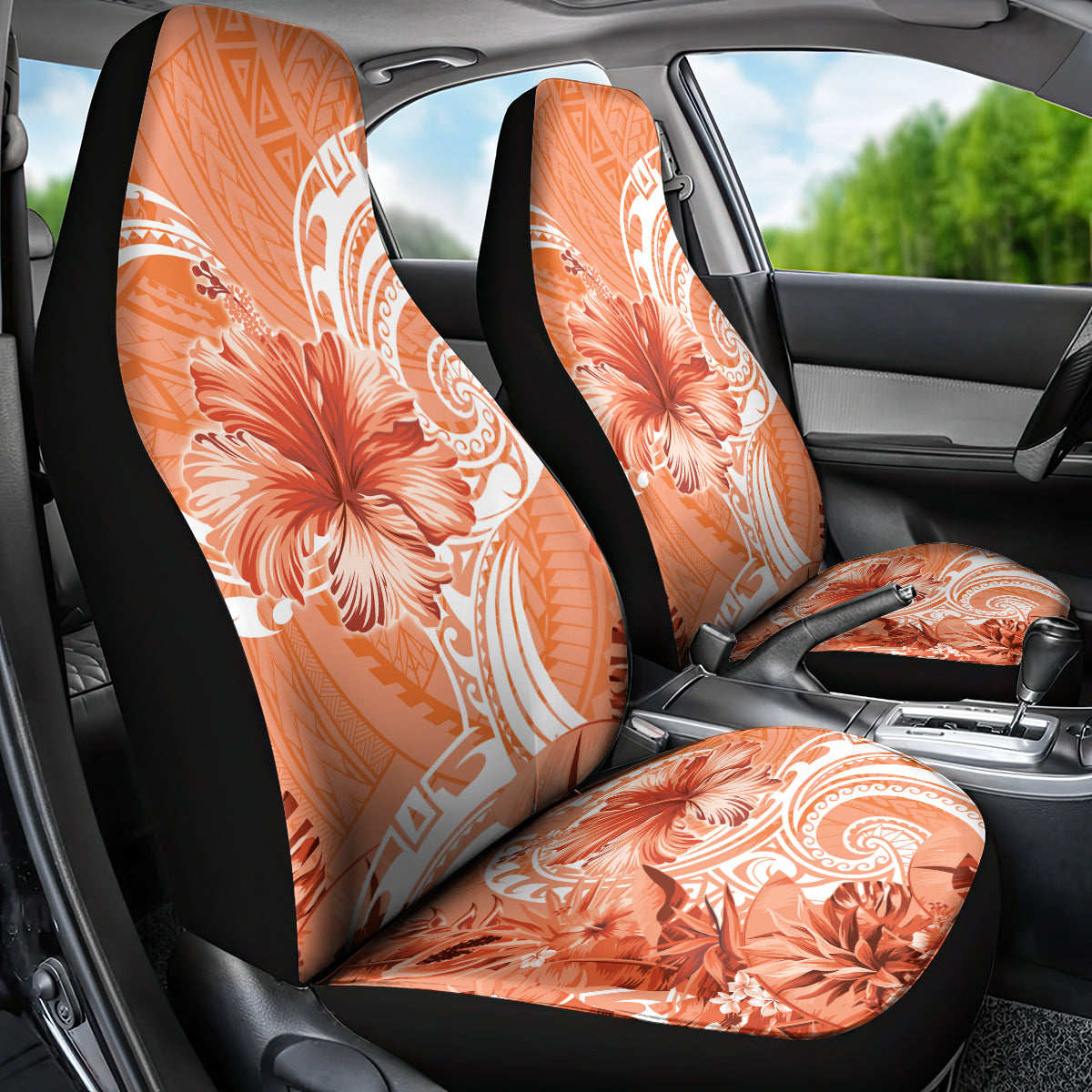 Polynesian Hibiscus Flower Tribal Car Seat Cover Peach Color