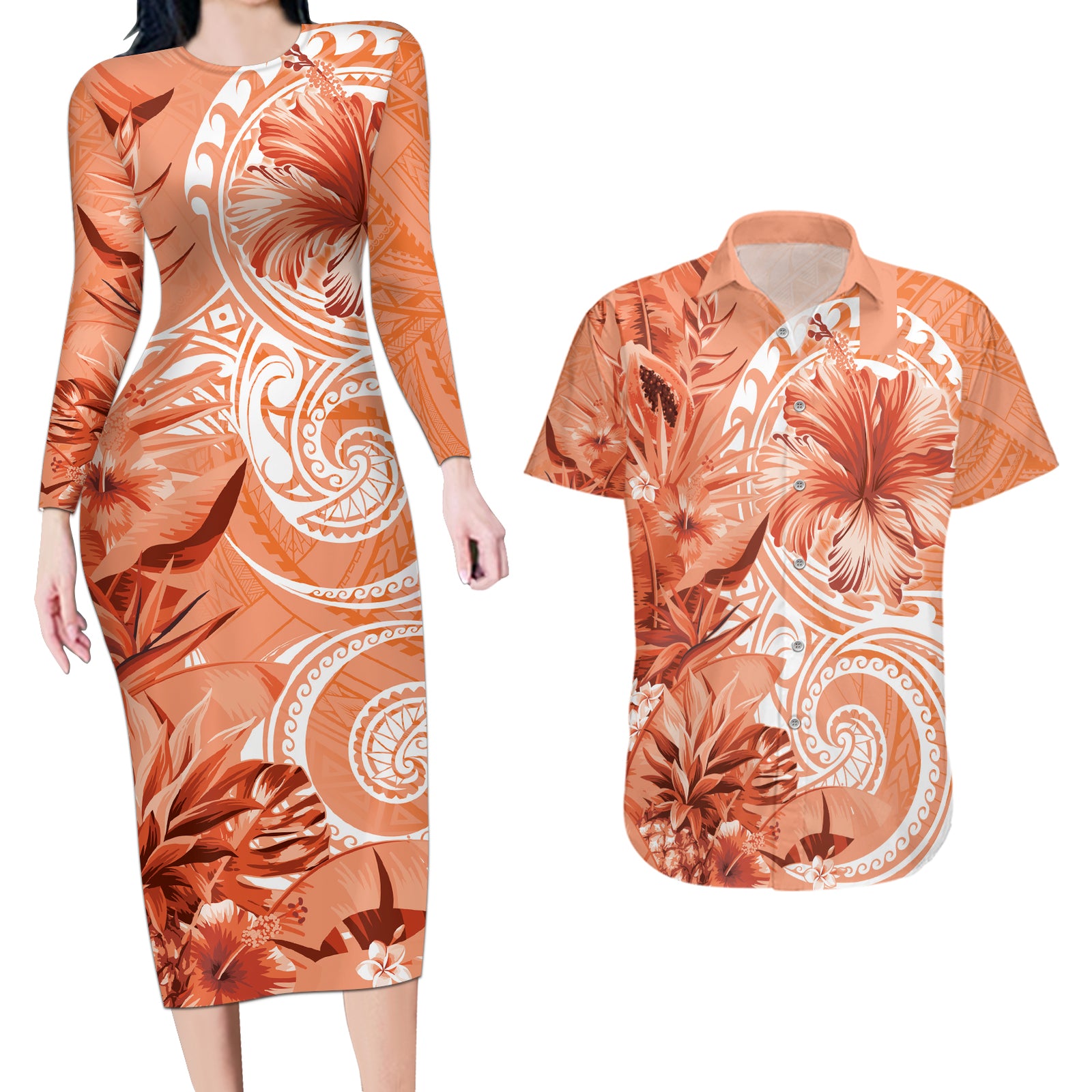 Polynesian Hibiscus Flower Tribal Couples Matching Long Sleeve Bodycon Dress and Hawaiian Shirt Peach Color LT9 Peach - Polynesian Pride