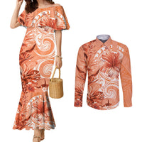 Polynesian Hibiscus Flower Tribal Couples Matching Mermaid Dress and Long Sleeve Button Shirt Peach Color