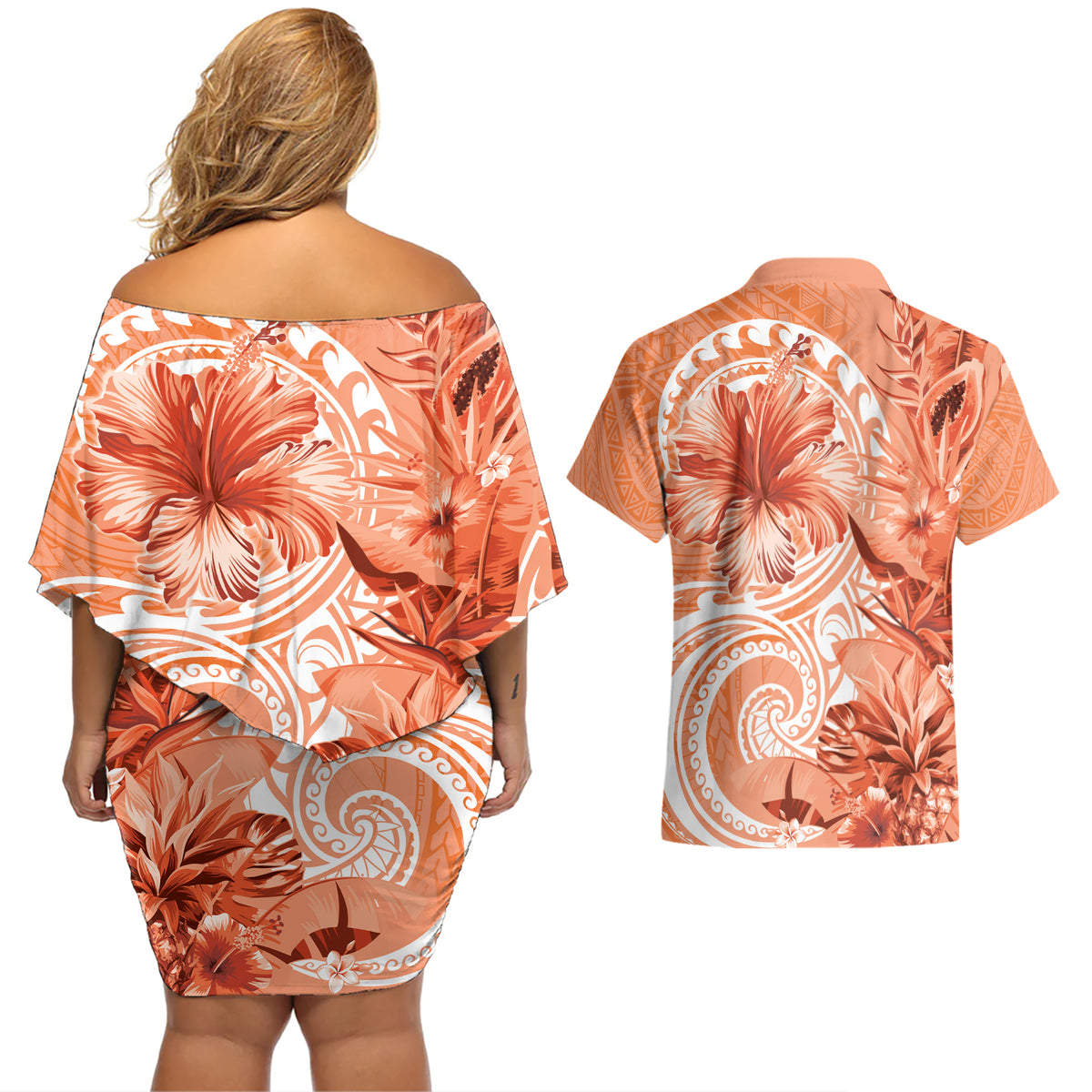 Polynesian Hibiscus Flower Tribal Couples Matching Off Shoulder Short Dress and Hawaiian Shirt Peach Color