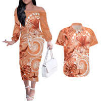 Polynesian Hibiscus Flower Tribal Couples Matching Off The Shoulder Long Sleeve Dress and Hawaiian Shirt Peach Color