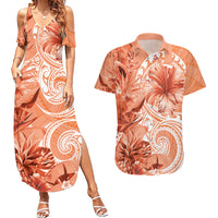 Polynesian Hibiscus Flower Tribal Couples Matching Summer Maxi Dress and Hawaiian Shirt Peach Color