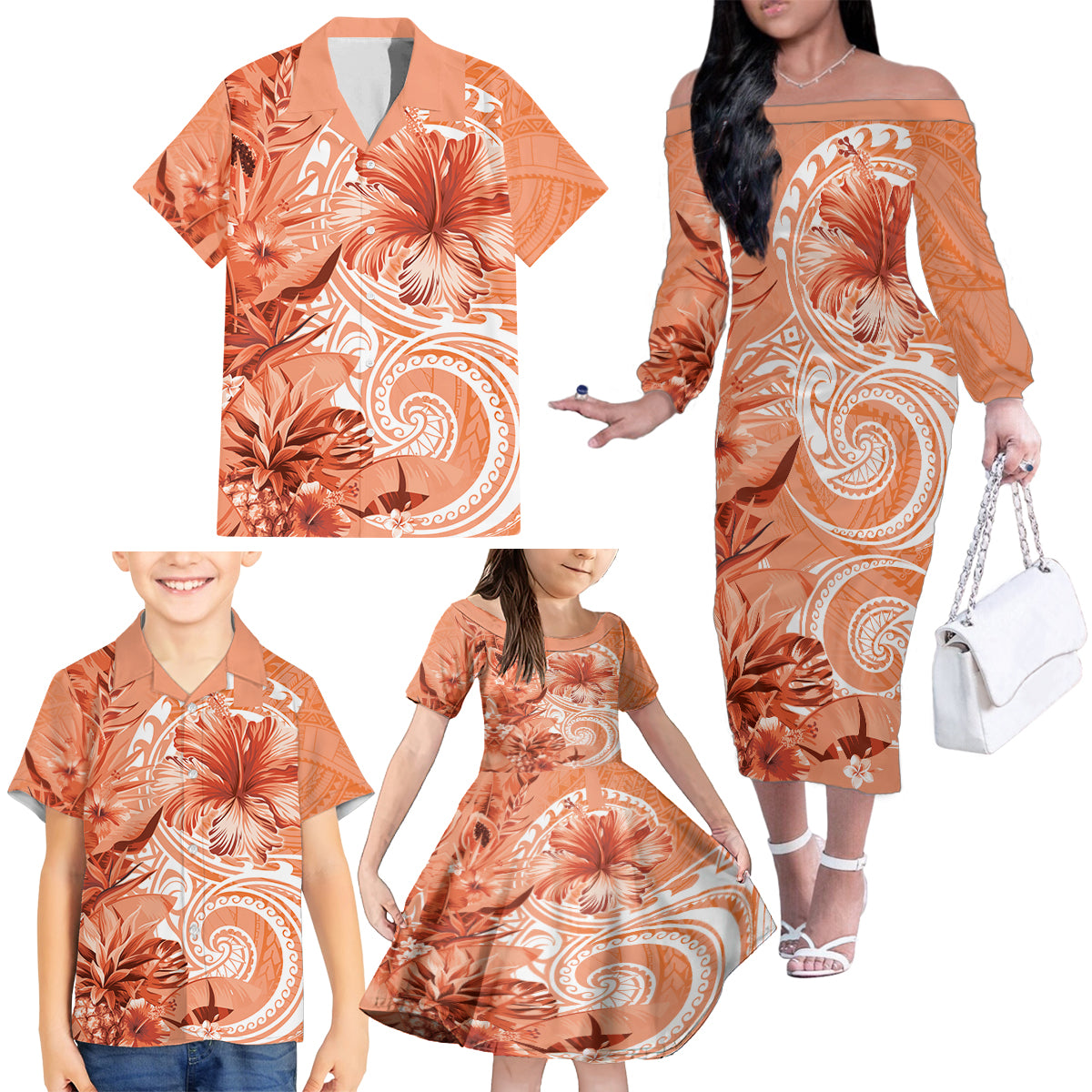 Polynesian Hibiscus Flower Tribal Family Matching Off The Shoulder Long Sleeve Dress and Hawaiian Shirt Peach Color LT9 - Polynesian Pride