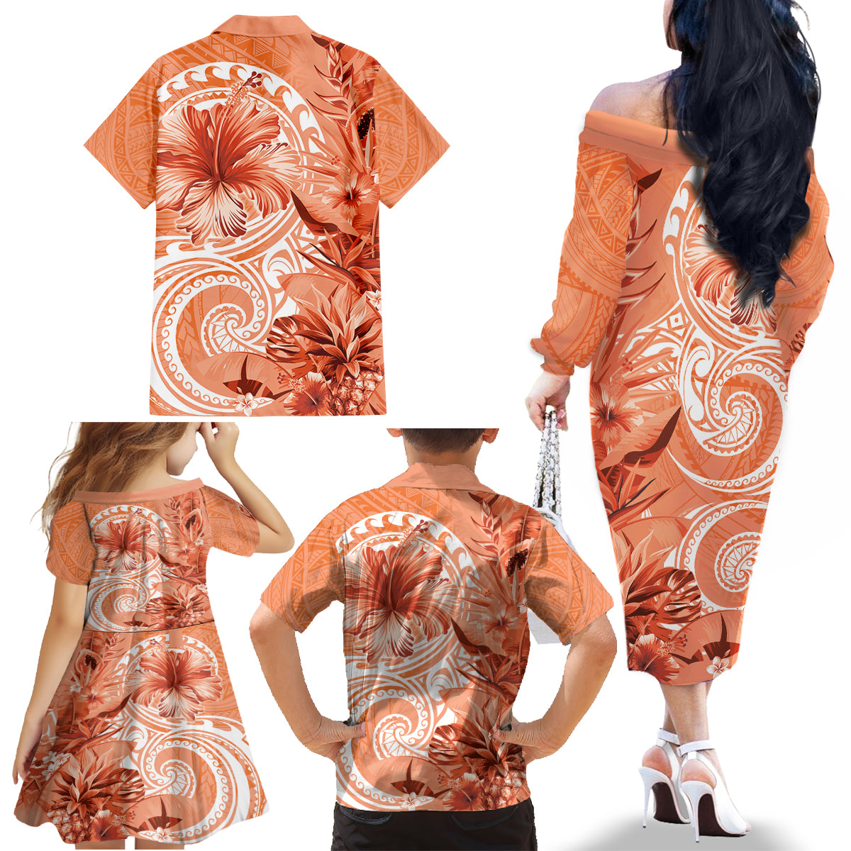 Polynesian Hibiscus Flower Tribal Family Matching Off The Shoulder Long Sleeve Dress and Hawaiian Shirt Peach Color