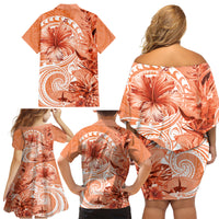 Polynesian Hibiscus Flower Tribal Family Matching Off Shoulder Short Dress and Hawaiian Shirt Peach Color