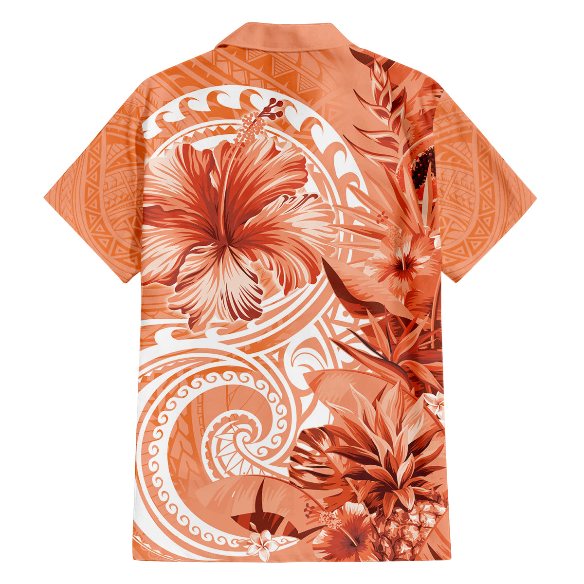 Polynesian Hibiscus Flower Tribal Family Matching Off Shoulder Short Dress and Hawaiian Shirt Peach Color
