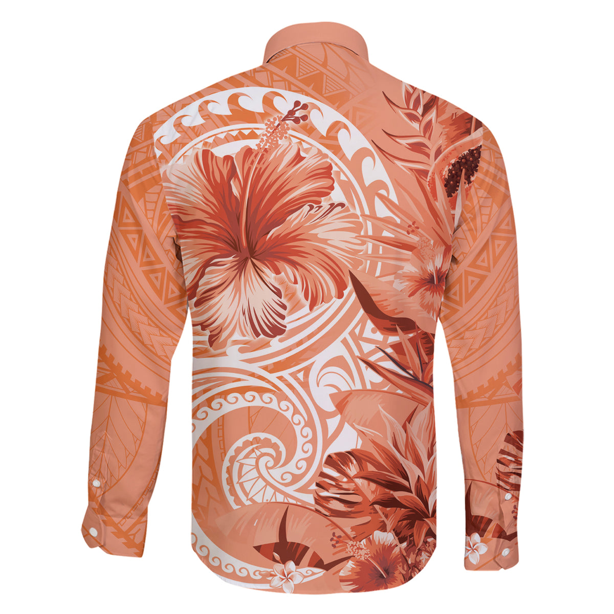 Polynesian Hibiscus Flower Tribal Family Matching Short Sleeve Bodycon Dress and Hawaiian Shirt Peach Color