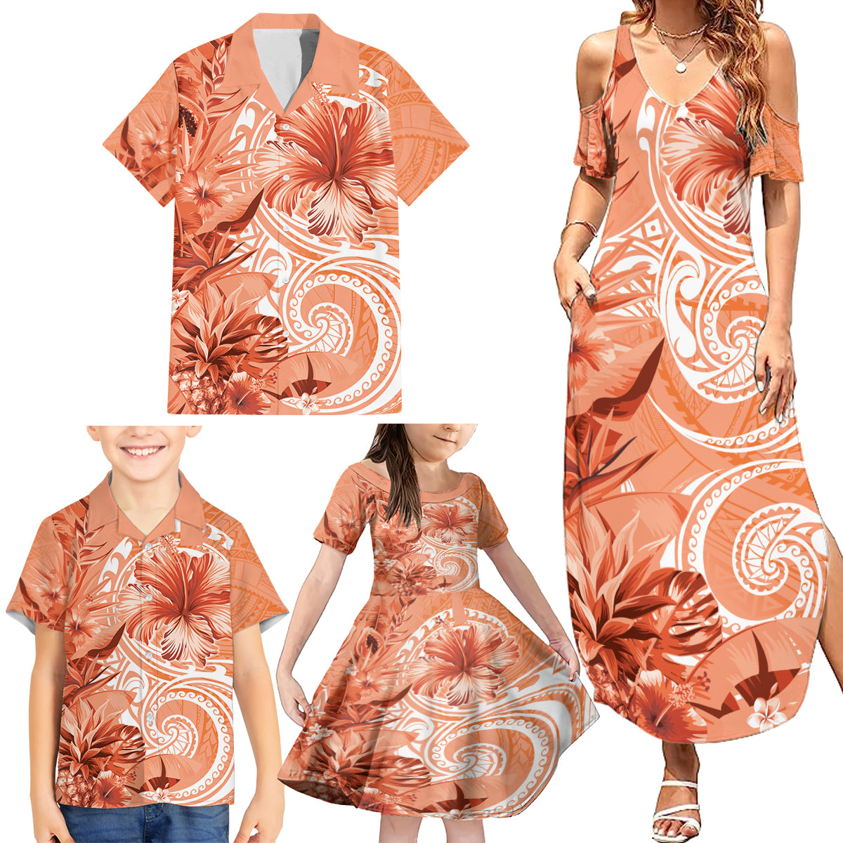 Polynesian Hibiscus Flower Tribal Family Matching Summer Maxi Dress and Hawaiian Shirt Peach Color LT9 - Polynesian Pride